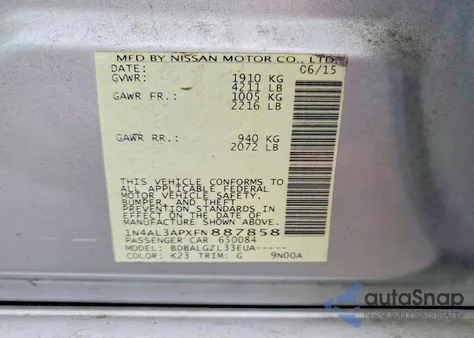 2015 Nissan Altima 2.5 from USA, damaged, VIN 1N4AL3APXFN887858